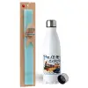 Easter Set, metallic stainless steel water bottle (750ml) & aromatic flat Easter candle (30cm) (TURQUOISE)