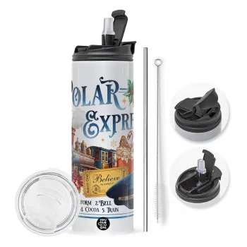 The Polar Express, Travel Tumbler θερμό με διπλό καπάκι, μεταλλικό καλαμάκι και βούρτσα καθαρισμού (Ανωξείδωτο 304 Food grade, BPA free, 600ml)