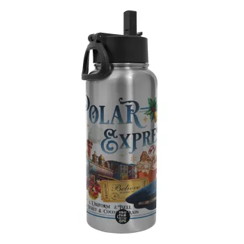 The Polar Express, Μεταλλικό παγούρι θερμός Silver με καλαμάκι και χερούλι (Stainless steel), διπλού τοιχώματος, 950ml