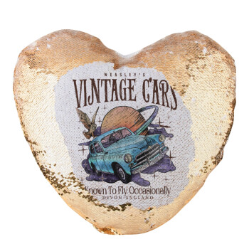 Wizard Flying Car, Μαξιλάρι καναπέ καρδιά Μαγικό Χρυσό με πούλιες 40x40cm περιέχεται το  γέμισμα