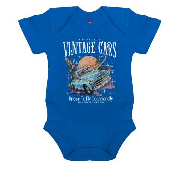 Wizard Flying Car — Short-sleeve baby bodysuit, cobalt blue, 100% organic cotton