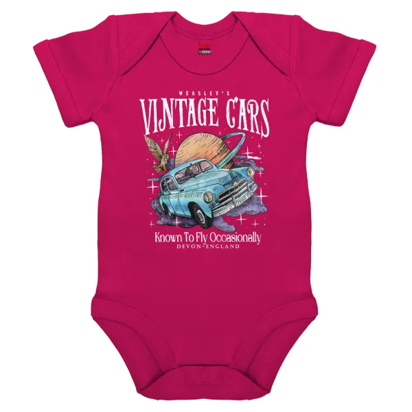 Wizard Flying Car — Βρεφικό φορμάκι μωρού, 0-18 μηνών, ΡΟΖ, 100% Organic Cotton, κοντομάνικο