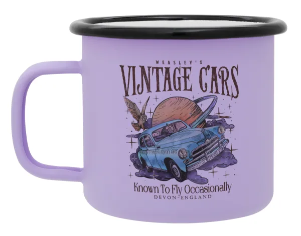 Wizard Flying Car — Metal enamel mug, matte light pastel purple, 360ml