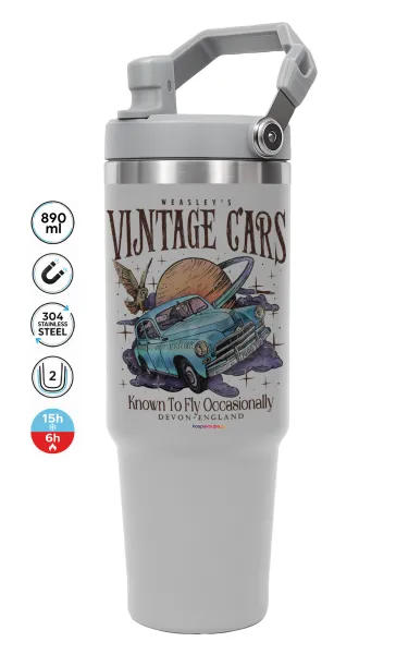 Wizard Flying Car — ΓΚΡΙ Travel Tumbler Θερμός με χερούλι και καλαμάκι 890ml