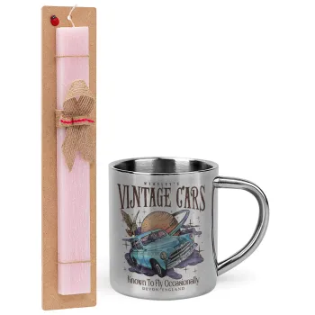 Wizard Flying Car, Easter Set, metallic thermal cup (300ml) & aromatic flat Easter candle (30cm) (PINK)