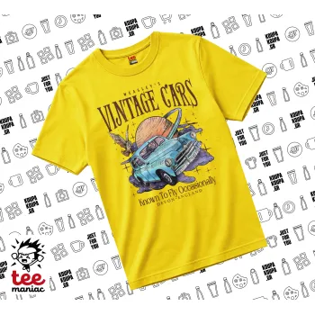 Wizard Flying Car, yellow childrens T-Shirt made of 100% cotton, for every day. Vegan & OEKO-TEX certified.