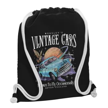 Wizard Flying Car, Τσάντα πλάτης πουγκί GYMBAG Μαύρη, με τσέπη (40x48cm) & χονδρά λευκά κορδόνια