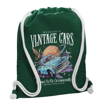 Wizard Flying Car, Τσάντα πλάτης πουγκί GYMBAG BOTTLE GREEN, με τσέπη (40x48cm) & χονδρά λευκά κορδόνια