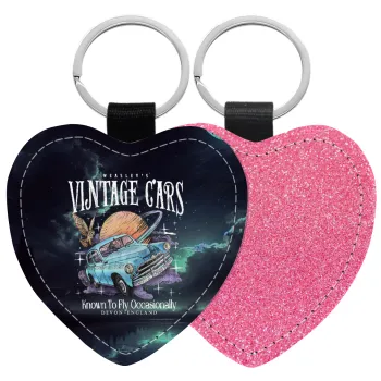 Wizard Flying Car, Μπρελόκ PU δερμάτινο glitter καρδιά ΡΟΖ