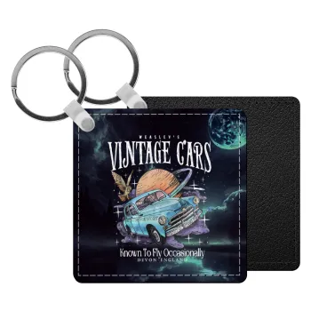 Wizard Flying Car, Μπρελόκ Δερματίνη, τετράγωνο ΜΑΥΡΟ (5x5cm)