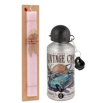 Wizard Flying Car, Easter Set, metallic Silver aluminum water bottle (500ml) & scented flat Easter candle (30cm) (PINK)