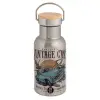 Stainless steel metallic thermos flask, silver with a bamboo lid, double-walled, 350ml.