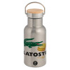 Stainless steel metallic thermos flask, silver with a bamboo lid, double-walled, 350ml.