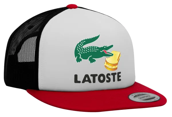 Latoste — Adult Foam Flat Snapback with Mesh Red-White-Black (POLYESTER, ADULT, UNISEX, ONE SIZE)