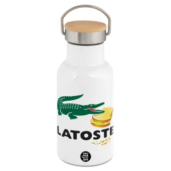 Latoste, Μεταλλικό παγούρι θερμός (Stainless steel) Λευκό με ξύλινο καπακι (bamboo), διπλού τοιχώματος, 350ml