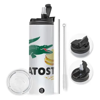 Latoste, Travel Tumbler θερμό με διπλό καπάκι, μεταλλικό καλαμάκι και βούρτσα καθαρισμού (Ανωξείδωτο 304 Food grade, BPA free, 600ml)