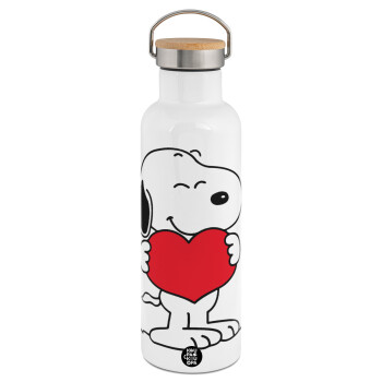 Snoopy takemy heart, Μεταλλικό παγούρι θερμός (Stainless steel) Λευκό με ξύλινο καπάκι (bamboo), διπλού τοιχώματος, 750ml