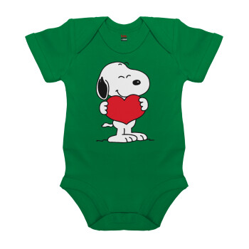 Snoopy takemy heart, Βρεφικό φορμάκι μωρού, ΠΡΑΣΙΝΟ, 100% Organic Cotton, κοντομάνικο