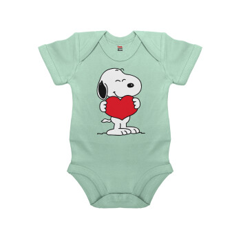 Snoopy takemy heart, Βρεφικό φορμάκι μωρού, 0-18 μηνών, mint (Μέντα), 100% Organic Cotton, κοντομάνικο