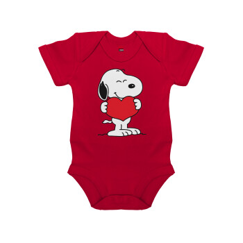 Snoopy takemy heart, Βρεφικό φορμάκι μωρού, ΚΟΚΚΙΝΟ, 100% Organic Cotton, κοντομάνικο
