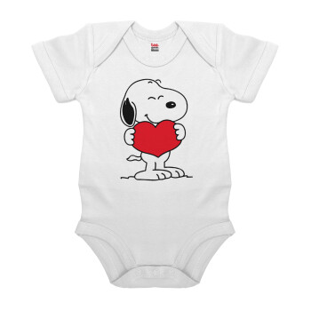 Snoopy takemy heart, Βρεφικό φορμάκι μωρού, 0-24 μηνών, ΛΕΥΚΟ, 100% Organic Cotton, κοντομάνικο
