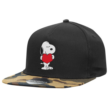 Snoopy takemy heart, Καπέλο Ενηλίκων Flat Snapback Μαύρο/Παραλλαγή, (100% ΒΑΜΒΑΚΕΡΟ TWILL, ΕΝΗΛΙΚΩΝ, UNISEX, ONE SIZE)