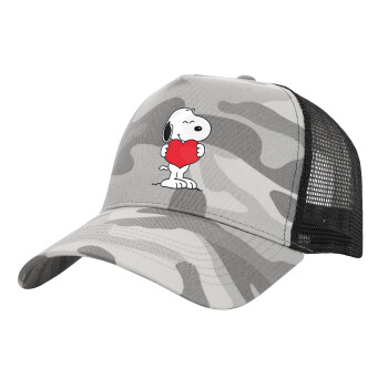 Snoopy takemy heart, Καπέλο Ενηλίκων Structured Trucker, με Δίχτυ, (παραλλαγή) Army Camo (100% ΒΑΜΒΑΚΕΡΟ, ΕΝΗΛΙΚΩΝ, UNISEX, ONE SIZE)