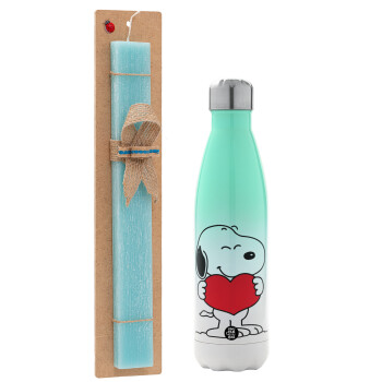 Snoopy takemy heart, Easter Set, Metallic green/white thermos (Stainless steel), double-walled, 500ml & scented flat Easter candle (30cm) (TURQUOISE)