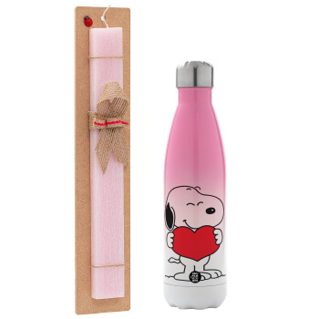 Snoopy takemy heart, Easter Set, Metallic pink/white (Stainless steel) thermos, double-walled, 500ml & aromatic flat Easter candle (30cm) (PINK)