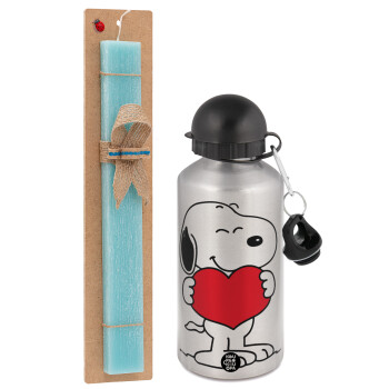 Snoopy takemy heart, Easter Set, metallic silver aluminum water bottle (500ml) & scented flat Easter candle (30cm) (TURQUOISE)