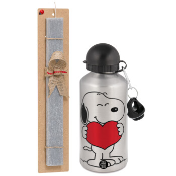 Snoopy takemy heart, Πασχαλινή Λαμπάδα με παγούρι μεταλλικό Ασημένιο αλουμινίου (500ml) & κερί αρωματικό πλακέ (30cm) (ΓΚΡΙ)