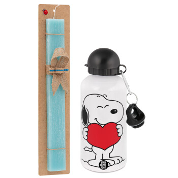 Snoopy takemy heart, Easter Set, metallic aluminum water bottle (500ml) & scented flat candle (30cm) (TURQUOISE)