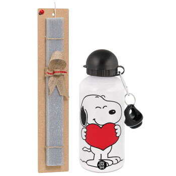 Snoopy takemy heart, Πασχαλινή Λαμπάδα με παγούρι μεταλλικό  αλουμινίου (500ml) & κερί αρωματικό πλακέ (30cm) (ΓΚΡΙ)