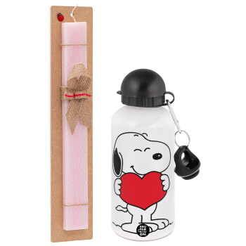 Snoopy takemy heart, Πασχαλινή Λαμπάδα με παγούρι μεταλλικό αλουμινίου (500ml) & κερί αρωματικό πλακέ (30cm) (ΡΟΖ)