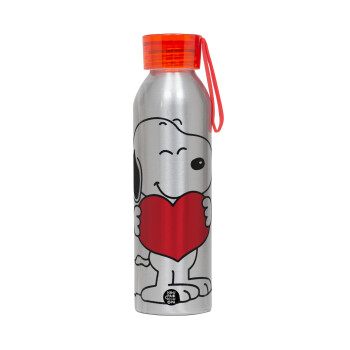 Snoopy takemy heart, Aluminum Sports Bottle 650ml – Silver with Red Cap and Silicone Strap