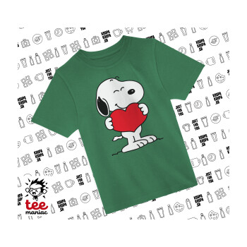Snoopy takemy heart, Άνετο παιδικό T-Shirt ΠΡΑΣΙΝΟ από 100% βαμβάκι, για κάθε μέρα. Vegan & OEKO-TEX πιστοποιημένο.
