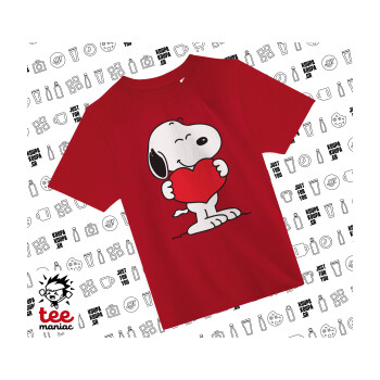 Snoopy takemy heart, Άνετο παιδικό T-Shirt ΚΟΚΚΙΝΟ από 100% βαμβάκι, για κάθε μέρα. Vegan & OEKO-TEX πιστοποιημένο.