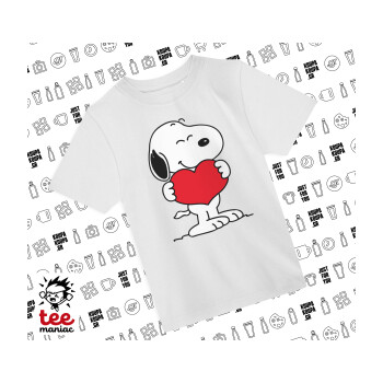 Snoopy takemy heart, Άνετο παιδικό T-Shirt ΛΕΥΚΟ από 100% βαμβάκι, για κάθε μέρα. Vegan & OEKO-TEX πιστοποιημένο.