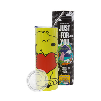 Snoopy takemy heart, Neon Yellow Travel Tumbler, with metal straw (Stainless steel 304 Food grade, BPA free, 600ml)