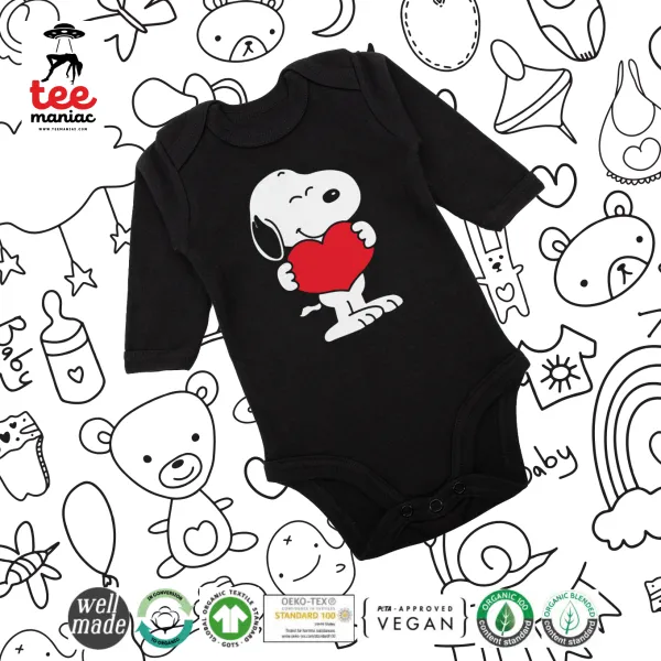 Snoopy takemy heart — Long-sleeve baby bodysuit, 0-18 months, BLACK, 100% organic cotton
