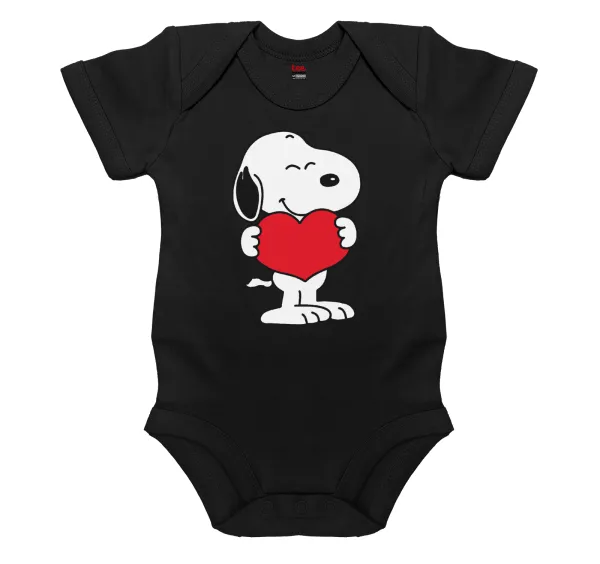 Snoopy takemy heart — Βρεφικό φορμάκι μωρού, 0-18 μηνών, ΜΑΥΡΟ, 100% Organic Cotton, κοντομάνικο
