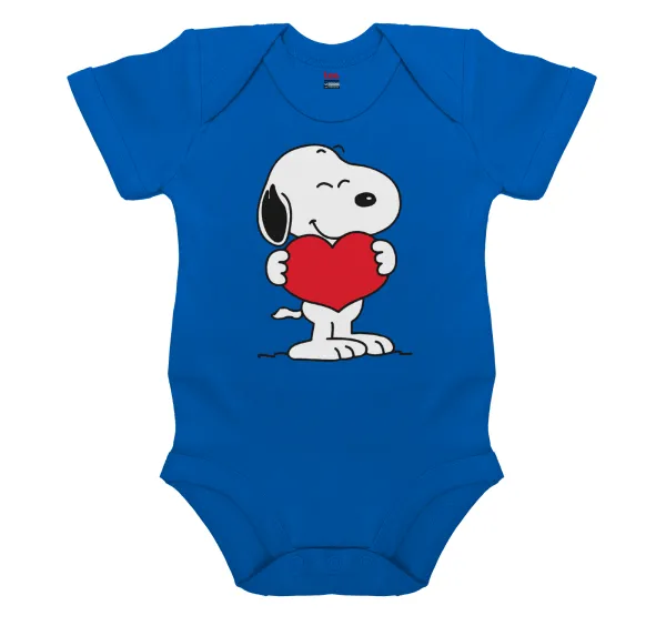 Snoopy takemy heart — Βρεφικό φορμάκι μωρού, Μπλε Κοβαλτίου, 100% Organic Cotton, κοντομάνικο