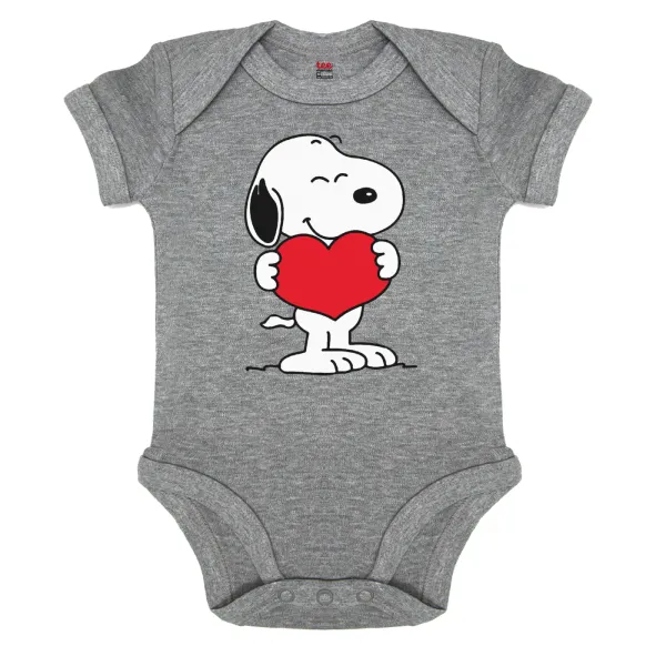 Snoopy takemy heart — Βρεφικό φορμάκι μωρού, 0-18 μηνών, ΓΚΡΙ ΜΕΛΑΝΖΕ, 100% Organic Cotton, κοντομάνικο