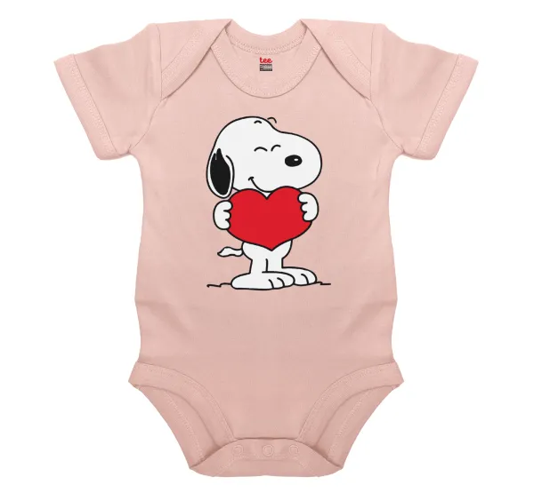Snoopy takemy heart — Βρεφικό φορμάκι μωρού, 0-18 μηνών, ΡΟΖ POWDER, 100% Organic Cotton, κοντομάνικο