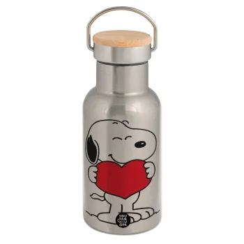 Snoopy takemy heart, Stainless steel metallic thermos flask, silver with a bamboo lid, double-walled, 350ml.