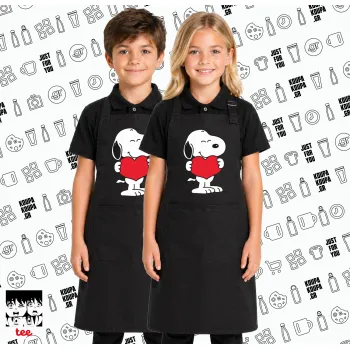 Snoopy takemy heart, Μαύρη ΠΑΙΔΙΚΗ Ποδιά μακριά Σεφ ολόσωμη με τσέπες