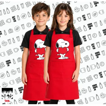 Snoopy takemy heart, Κόκκινη ΠΑΙΔΙΚΗ Ποδιά μακριά Σεφ ολόσωμη με τσέπες