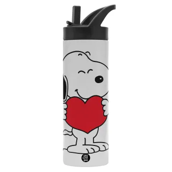 Snoopy takemy heart, Μεταλλικό παγούρι θερμός με καλαμάκι & χειρολαβή, ανοξείδωτο ατσάλι (Stainless steel 304), διπλού τοιχώματος, 600ml