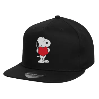 Snoopy takemy heart, Καπέλο παιδικό Flat Snapback, Μαύρο (100% ΒΑΜΒΑΚΕΡΟ, ΠΑΙΔΙΚΟ, UNISEX, ONE SIZE)