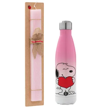 Snoopy takemy heart, Easter Set, Metallic pink/white (Stainless steel) thermos, double-walled, 500ml & aromatic flat Easter candle (30cm) (PINK)